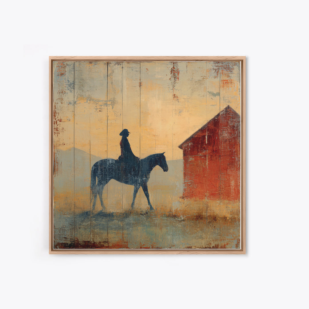 Horse and Rider Silhouette at Dusk Framed Canvas Print, Country Art, Gallery Decor, Farmhouse Decor, Fine Art, Country, COU-1x1-65