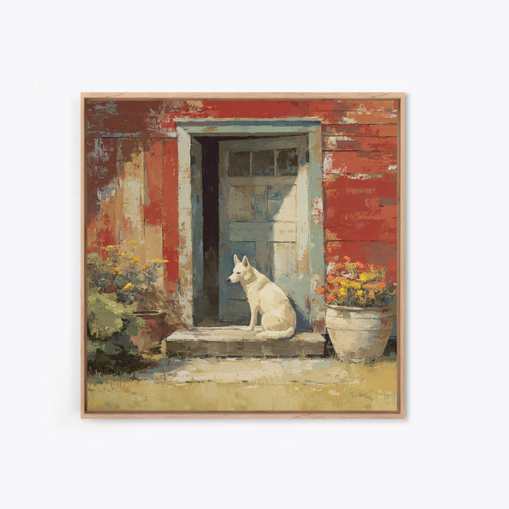 Dog Resting Beside a Porch Flower Pot Framed Canvas Print, Country Art, Landscape Painting, Farmhouse Decor, Oil Painting, COU-1x1-70