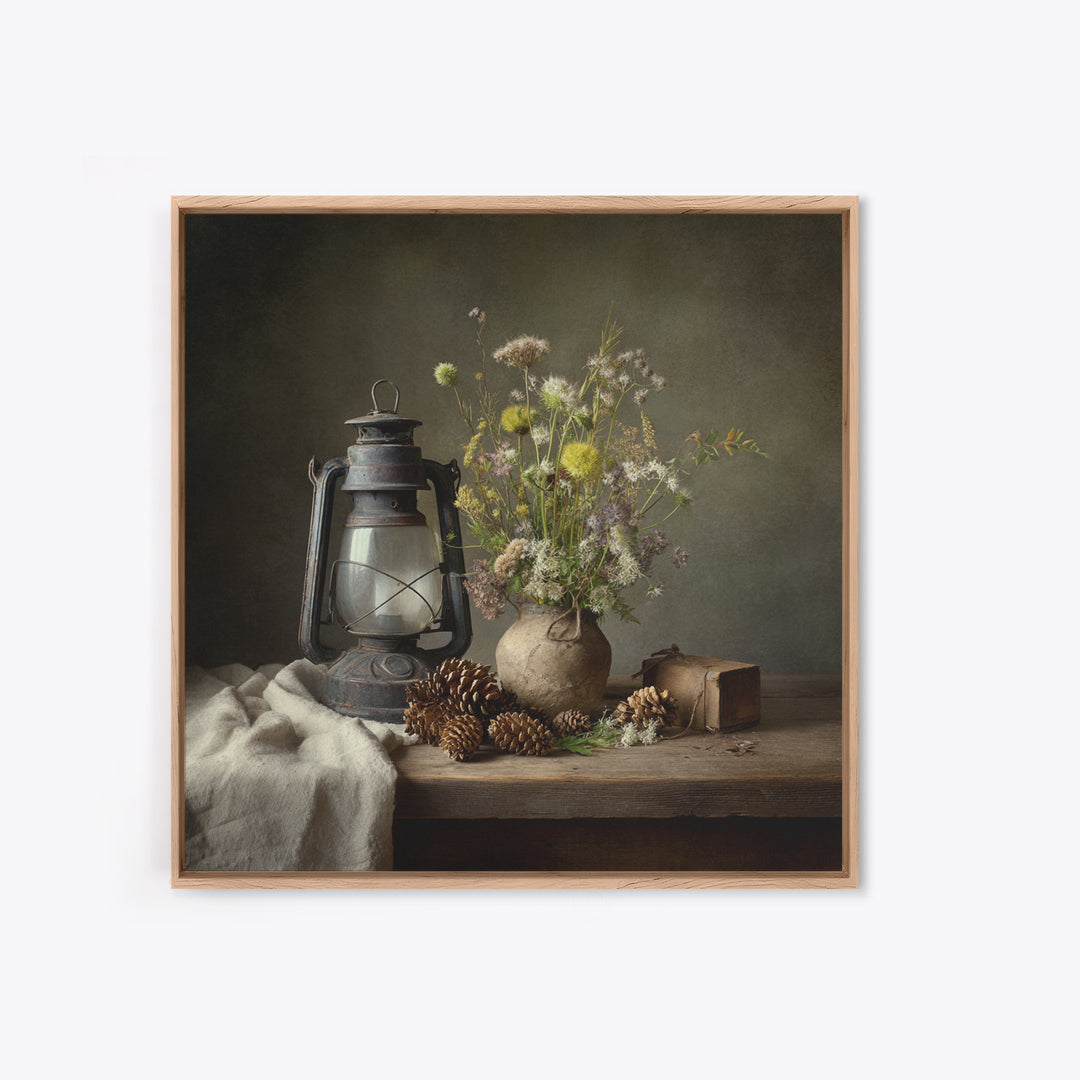 Old Lantern and Pinecones Still Life Framed Canvas Print, Country Art, French Country Decor, Farmhouse Decor, Abstract Art, COU-1x1-72