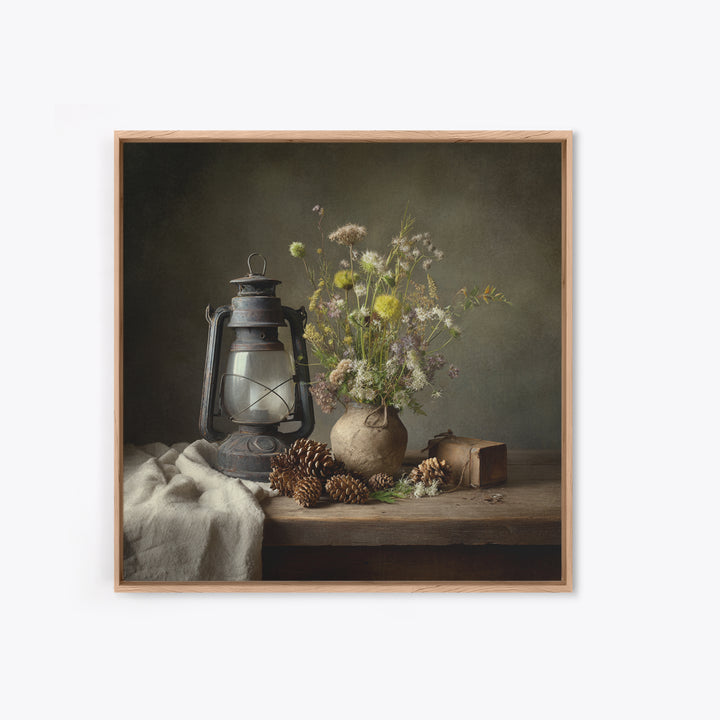 Old Lantern and Pinecones Still Life Framed Canvas Print, Country Art, French Country Decor, Farmhouse Decor, Abstract Art, COU-1x1-72