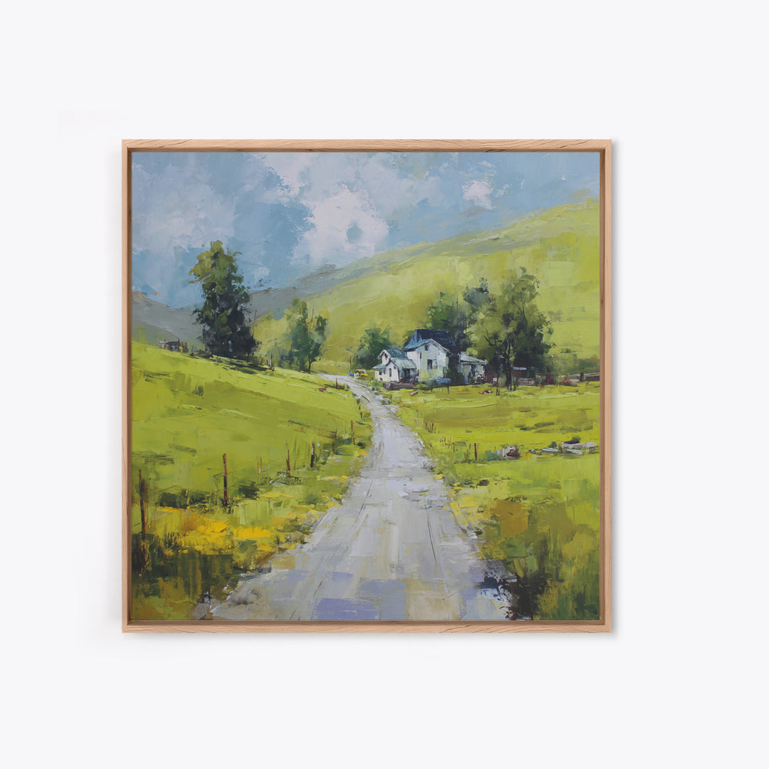 Country Road Disappearing into Green Hills Framed Canvas Print, Country Art, Modern Decor, Farmhouse Decor, Oil Painting, COU-1x1-79