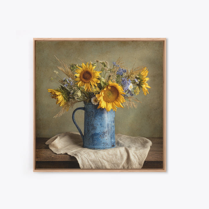 Sunflowers in a Blue Enamel Pitcher Framed Canvas Print, Country Art, Original Painting, Farmhouse Decor, Oil Painting, Country, COU-1x1-8