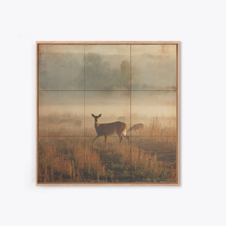 Deer Crossing a Misty Morning Field Framed Canvas Print, Country Art, Fine Art Print, Farmhouse Decor, Fine Art, Country, COU-1x1-83