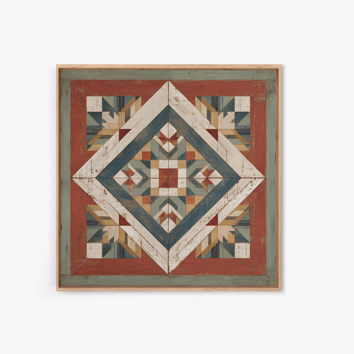 Quilt Geometric Folk Pattern Framed Canvas Print, Country Art, French Country, Farmhouse Decor, Fine Art, Country, Luxury Decor, COU-1x1-84