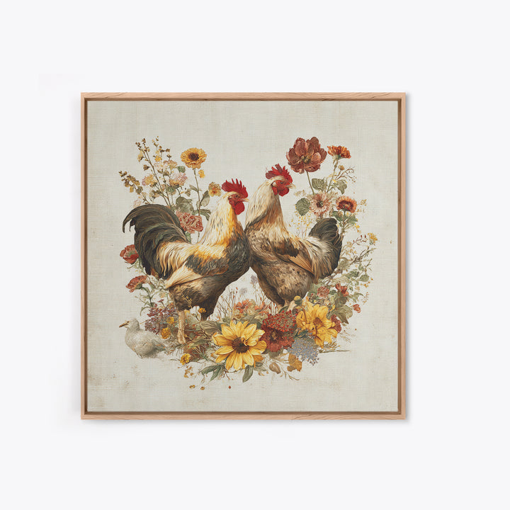 Chickens Pecking Near Garden Flowers Canvas Print, Country Art, Neutral Decor, Farmhouse Decor, Oil Painting, Country, COU-1x1-86