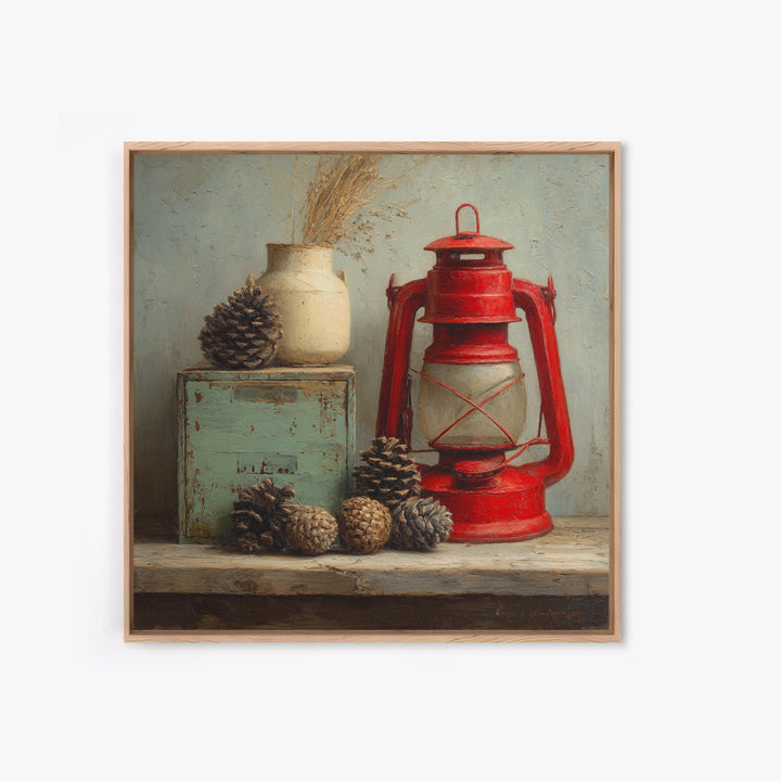 Old Lantern and Pinecones Still Life Framed Canvas Print, Country Art, Digital Prints, Farmhouse Decor, Fine Art, Country, COU-1x1-96