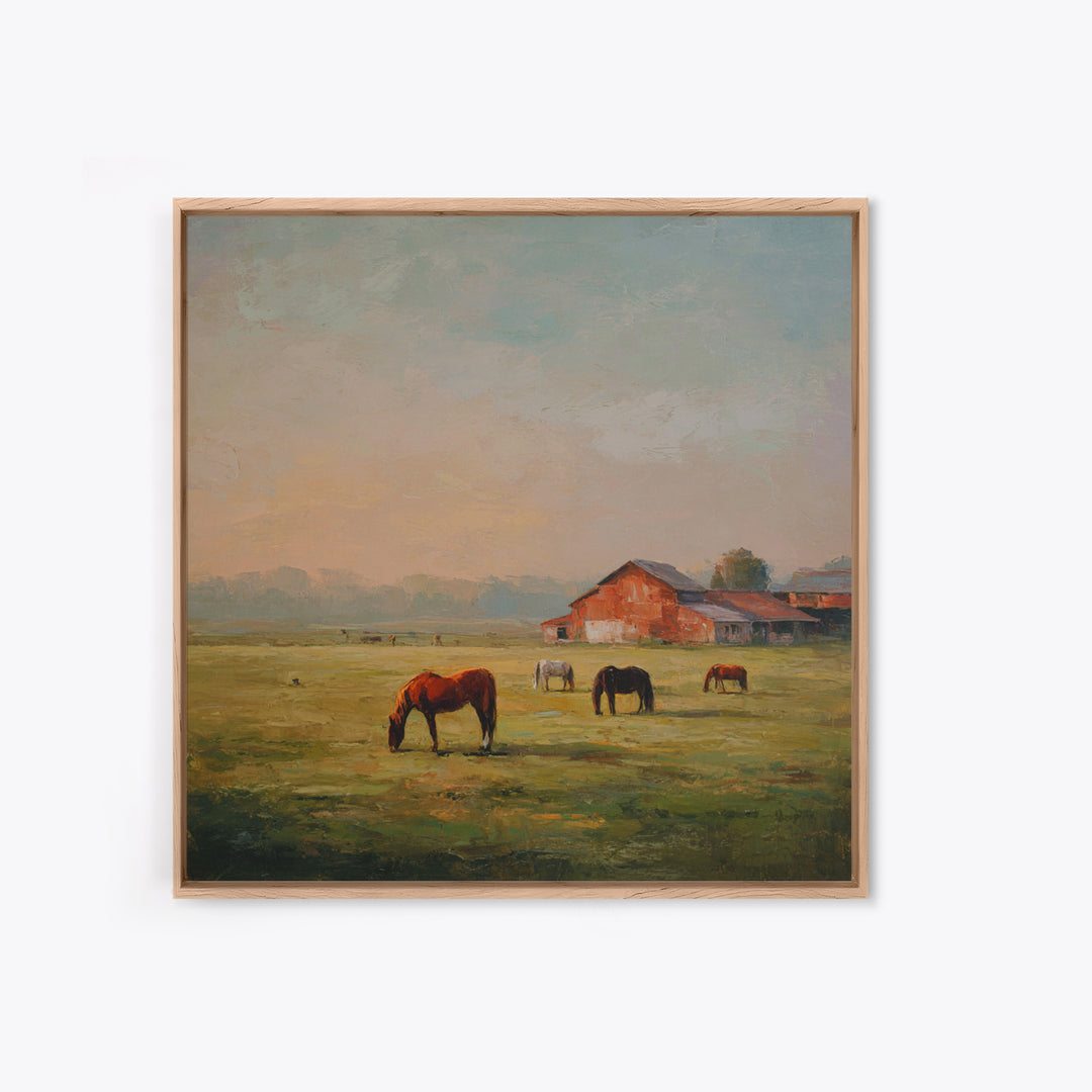 Rolling Pasture with Grazing Horses at Sunrise Canvas Print, Country Art, Wall Art, Farmhouse Decor, Oil Painting, Country, COU-1x1-97