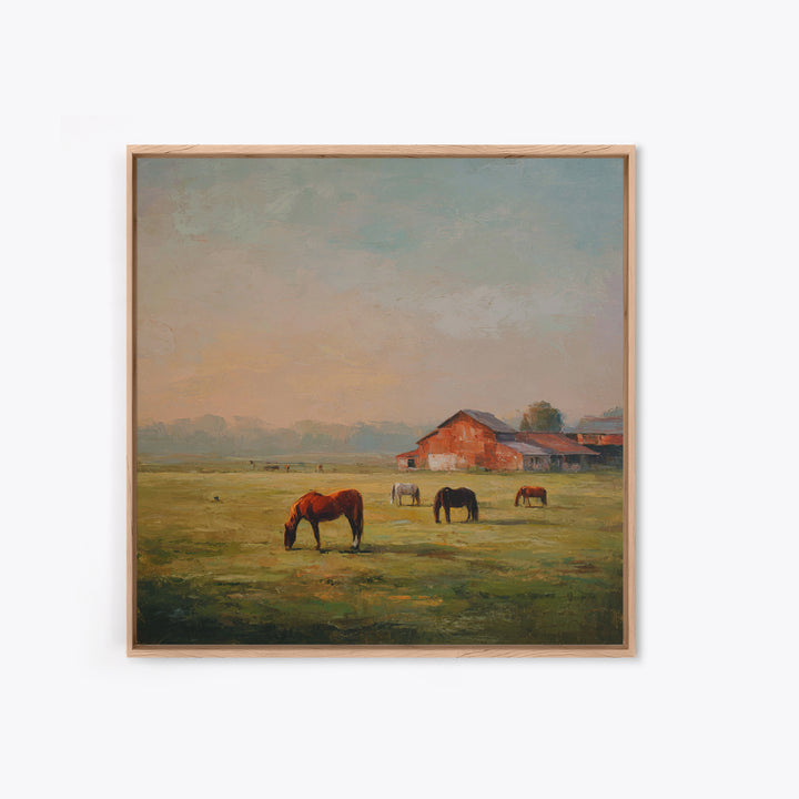 Rolling Pasture with Grazing Horses at Sunrise Canvas Print, Country Art, Wall Art, Farmhouse Decor, Oil Painting, Country, COU-1x1-97