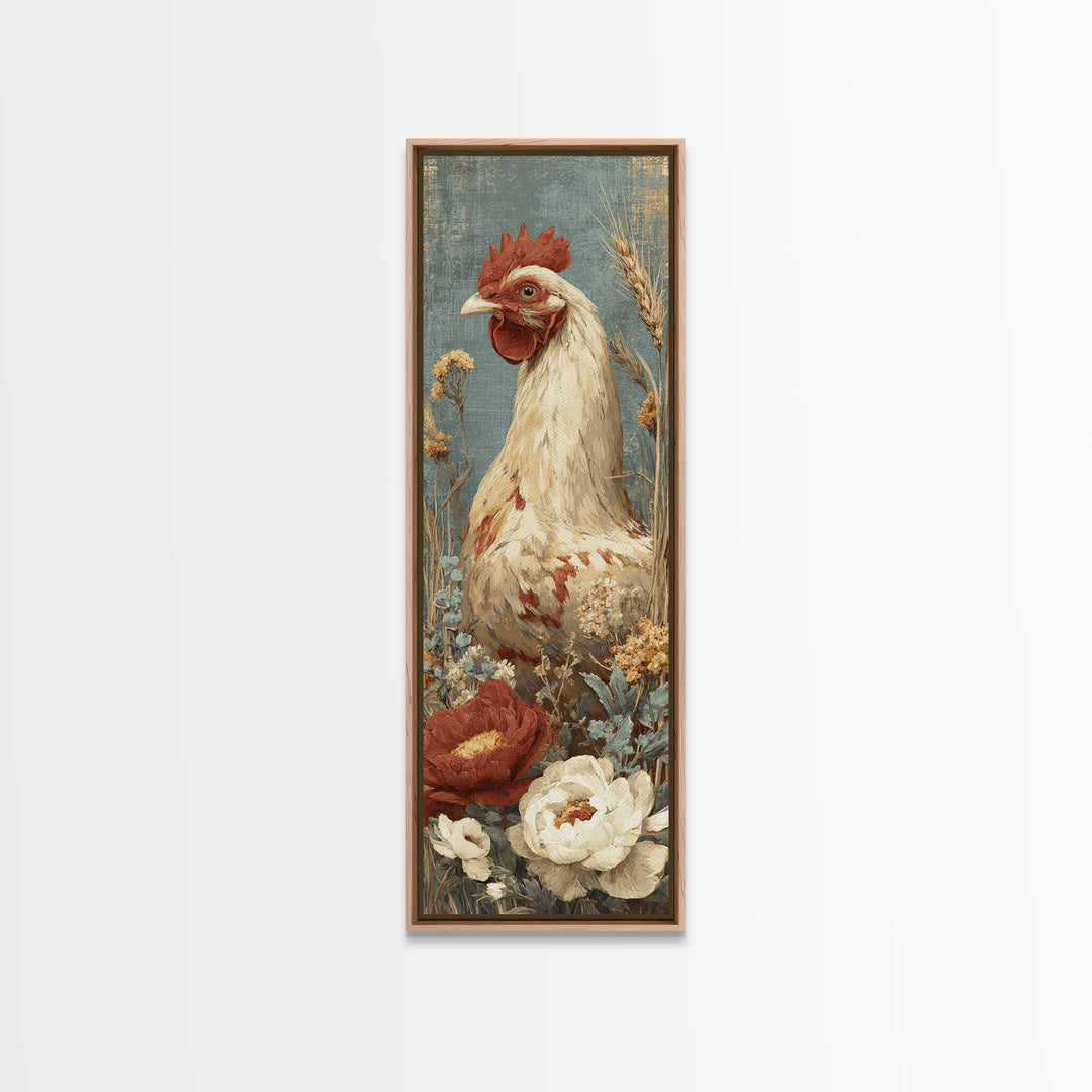 Chickens Pecking Near Garden Flowers Canvas Print, Country Art, Landscape Painting, Farmhouse Decor, Watercolor Art, Country, COU-1x3-2