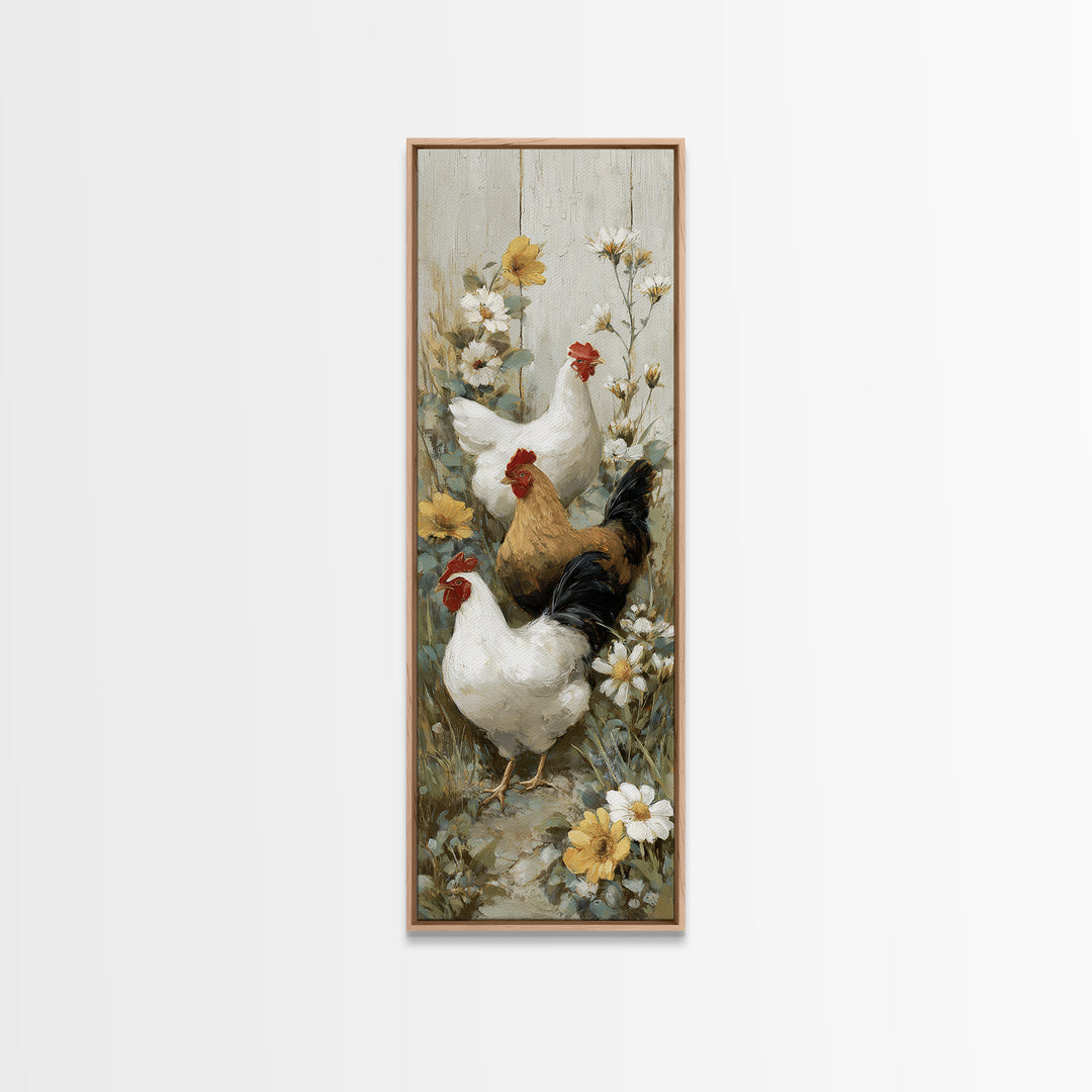 Chickens Pecking Near Garden Flowers Canvas Print, Country Art, Landscape Painting, Farmhouse Decor, Watercolor Art, Country, COU-1x3-26