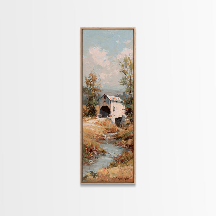 Covered Bridge over a Quiet Creek Canvas Print, Country Art, Digital Prints, Farmhouse Decor, Oil Painting, Country, COU-1x3-27