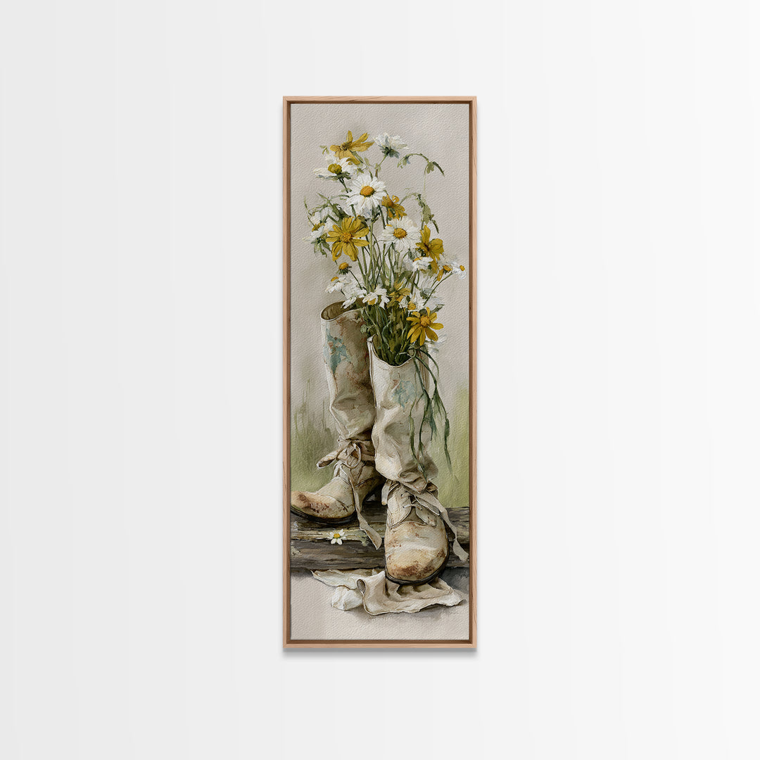 Weathered Boots with Wildflowers Tucked Inside Framed Canvas Print, Country Art, Modern Decor, Farmhouse Decor, Oil Painting, COU-1x3-4