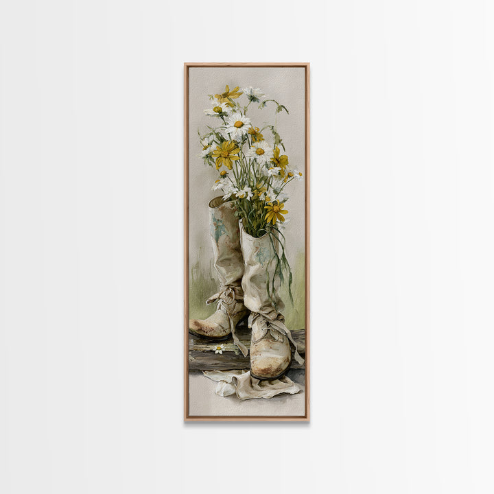 Weathered Boots with Wildflowers Tucked Inside Framed Canvas Print, Country Art, Modern Decor, Farmhouse Decor, Oil Painting, COU-1x3-4