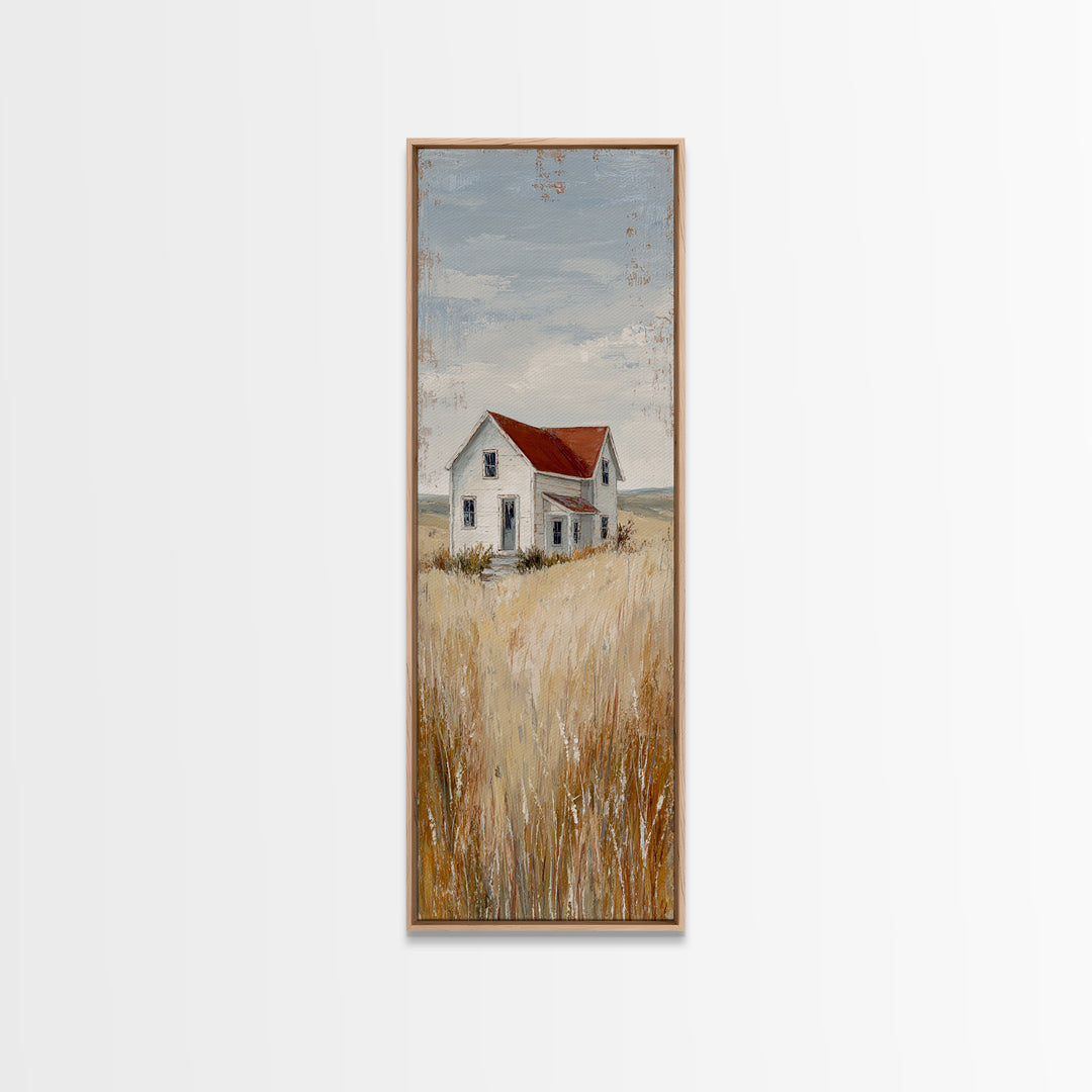 White Farmhouse Surrounded by Tall Grass Framed Canvas Print, Country Art, Gallery Wall Art, Farmhouse Decor, Fine Art, Country, COU-1x3-46