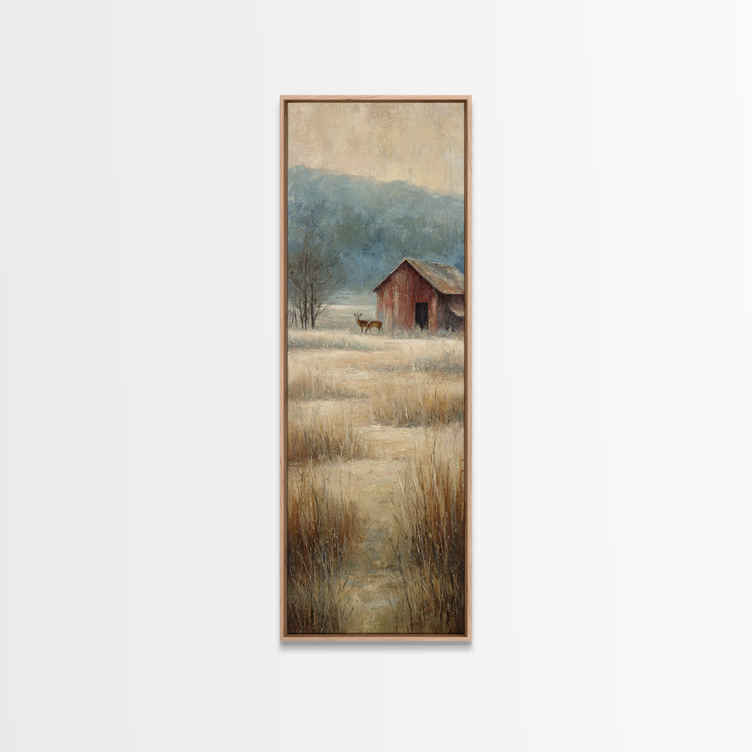 Deer Crossing a Misty Morning Field Framed Canvas Print, Country Art, Oil Painting, Farmhouse Decor, Fine Art, Country, COU-1x3-47
