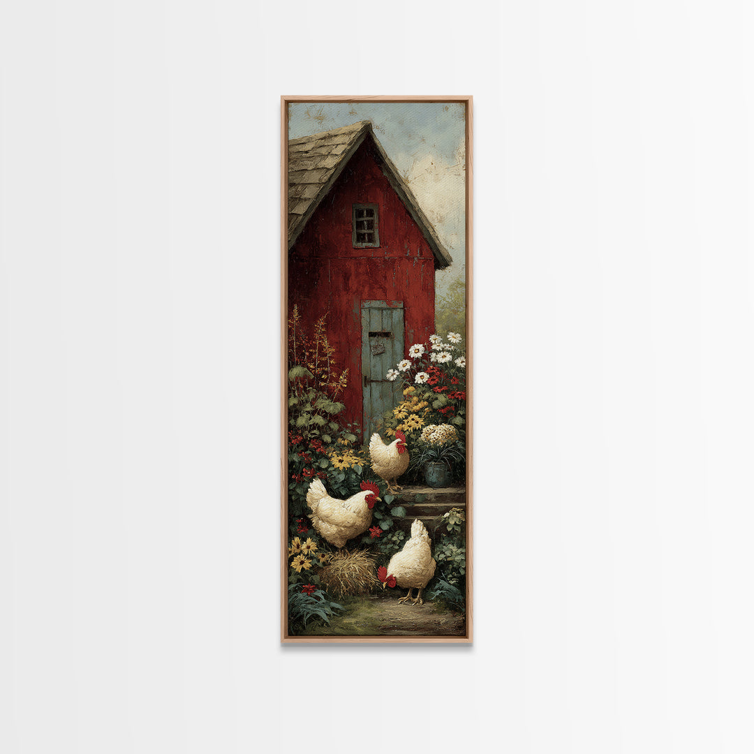 Chickens Pecking Near Garden Flowers Framed Canvas Print, Country Art, Landscape Wall Art, Farmhouse Decor, Watercolor Art, COU-1x3-50