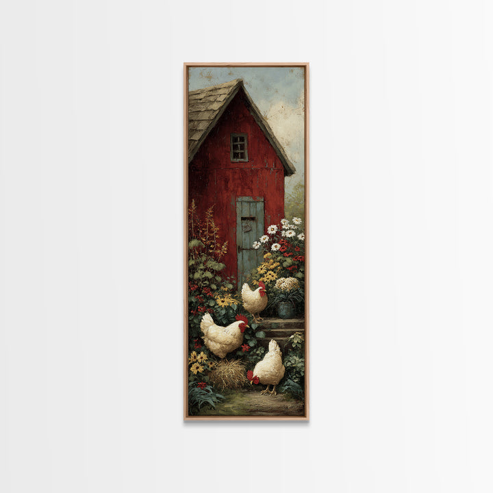 Chickens Pecking Near Garden Flowers Framed Canvas Print, Country Art, Landscape Wall Art, Farmhouse Decor, Watercolor Art, COU-1x3-50