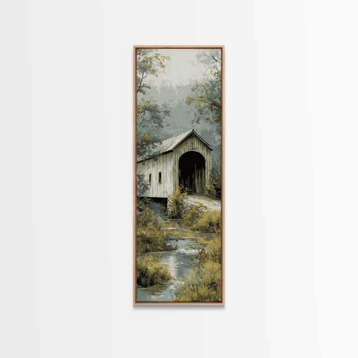 Covered Bridge over a Quiet Creek Canvas Print, Country Art, Farmhouse Decor, Abstract Art, Country, Gallery Wall Art, COU-1x3-51