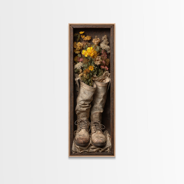 Weathered Boots with Wildflowers Tucked Inside Framed Canvas Print, Country Art, Farmhouse Decor, Watercolor Art, Country, COU-1x3-52