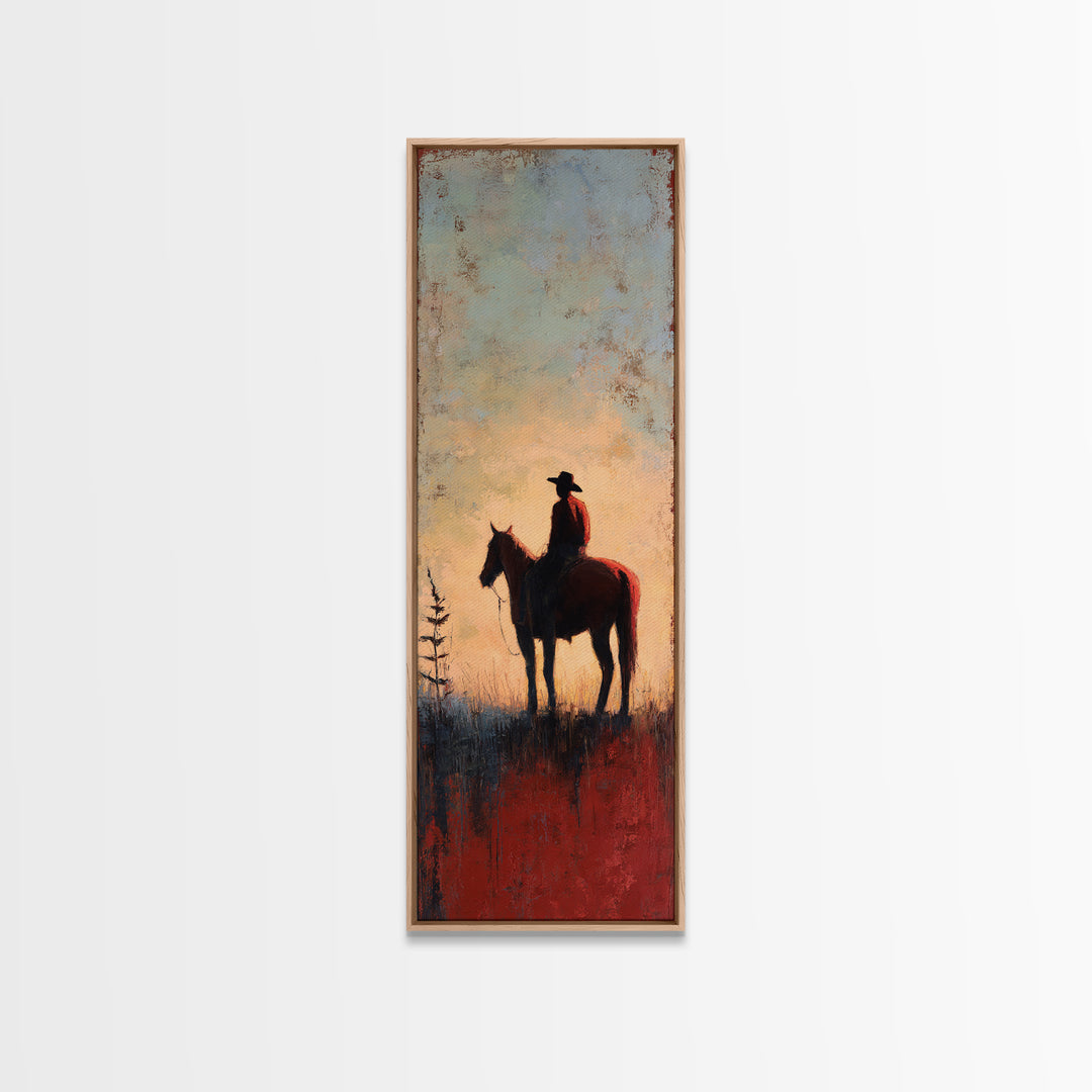 Horse and Rider Silhouette at Dusk Framed Canvas Print, Country Art, Neutral Decor, Farmhouse Decor, Fine Art, Country, COU-1x3-53