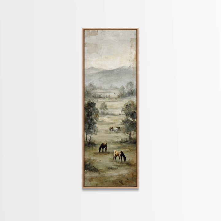 Rolling Pasture with Grazing Horses at Sunrise Framed Canvas Print, Country Art, Textured Painting, Farmhouse Decor, Country, COU-1x3-61