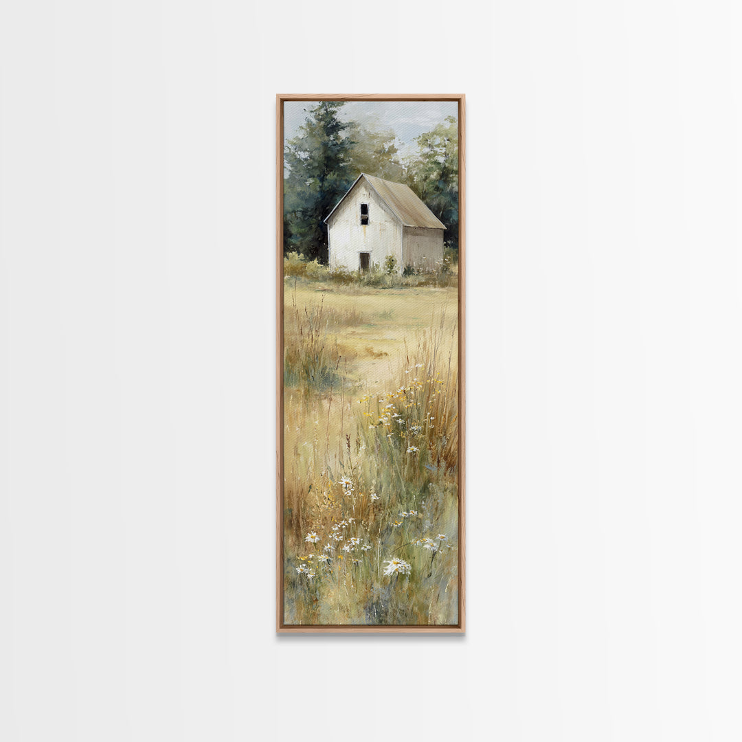 White Farmhouse Surrounded by Tall Grass Framed Canvas Print, Country Art, Gallery Wall Art, Farmhouse Decor, Fine Art, Country, COU-1x3-70