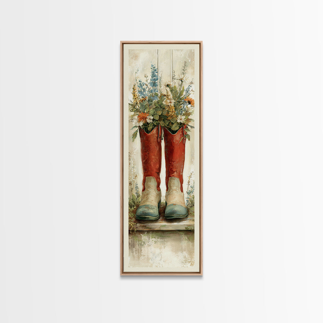 Weathered Boots with Wildflowers Tucked Inside Framed Canvas Print, Country Art, Digital Print, Farmhouse Decor, Country, COU-1x3-76