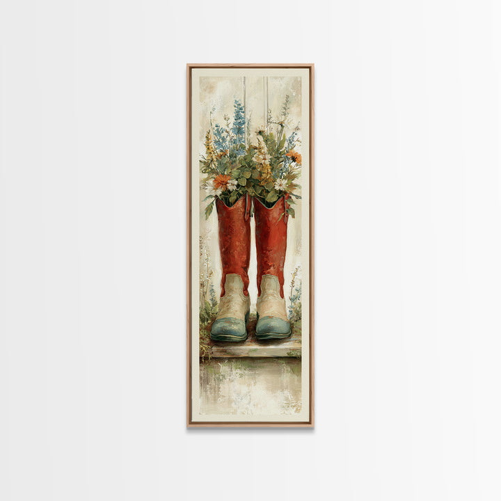 Weathered Boots with Wildflowers Tucked Inside Framed Canvas Print, Country Art, Digital Print, Farmhouse Decor, Country, COU-1x3-76