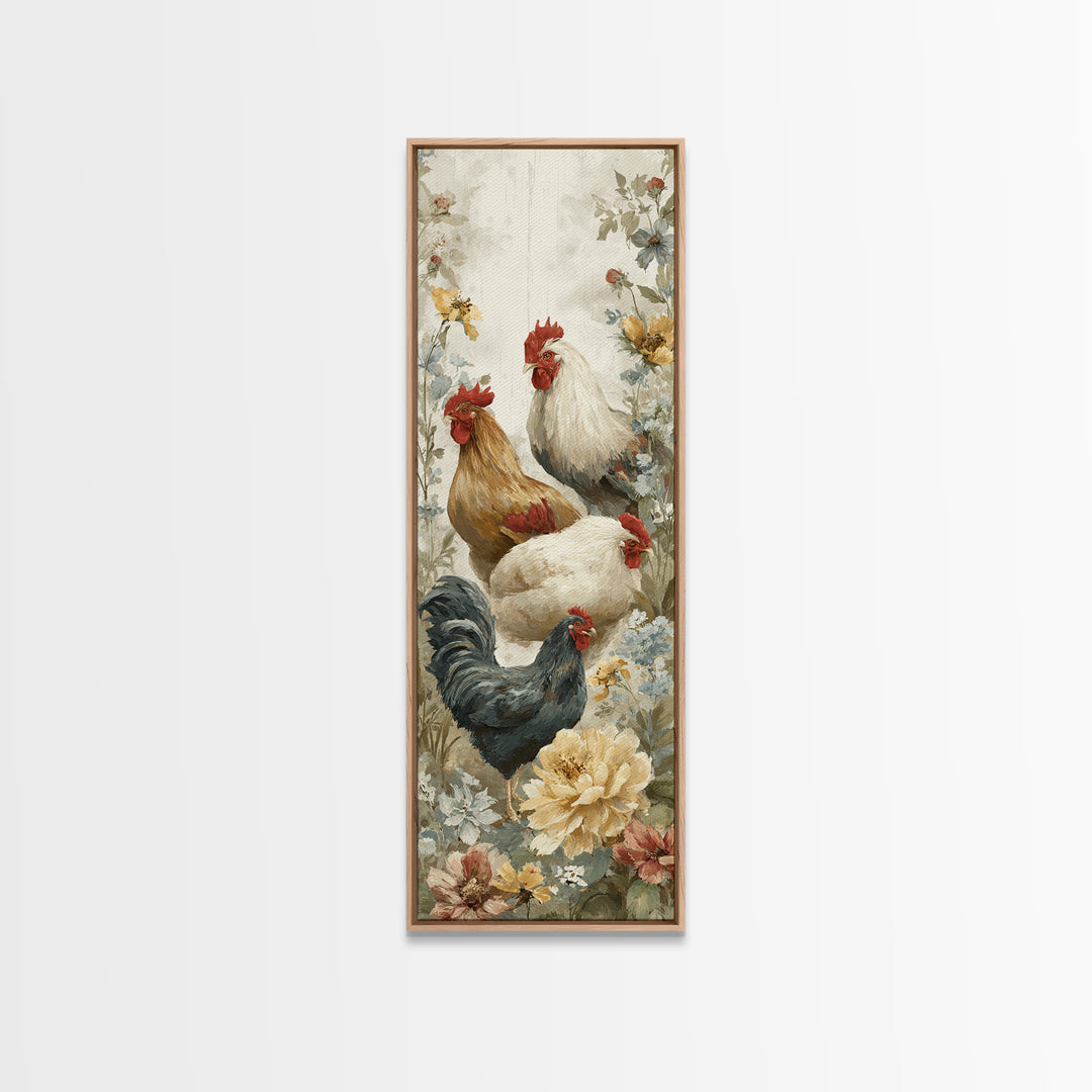 Chickens Pecking Near Garden Flowers Canvas Print, Country Art, Fine Art Print, Farmhouse Decor, Country, Digital Prints, COU-1x3-98