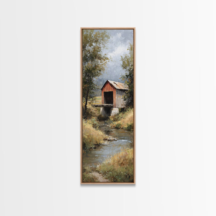 Covered Bridge over a Quiet Creek Canvas Print, Country Art, Farmhouse Wall Art, Farmhouse Decor, Watercolor Art, Country, COU-1x3-99