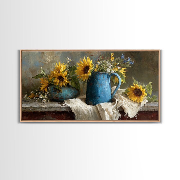 Sunflowers in a Blue Enamel Pitcher Framed Canvas Print, Country Art, Digital Art Prints, Farmhouse Decor, Oil Painting, COU-2x1-100