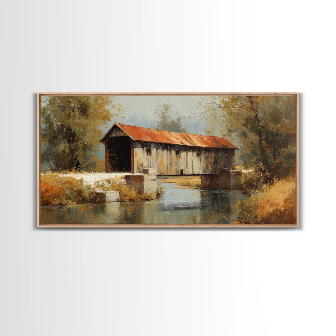 Covered Bridge over a Quiet Creek Framed Canvas Print, Country Art, Watercolor Painting, Farmhouse Decor, Fine Art, Country, COU-2x1-11