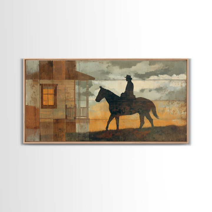 Horse and Rider Silhouette at Dusk Framed Canvas Print, Country Art, Minimalist Decor, Farmhouse Decor, Fine Art, Country, COU-2x1-13