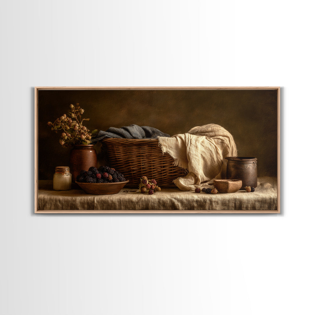Blackberry Basket with Linen Cloth Canvas Print, Country Art, Contemporary Art, Farmhouse Decor, Abstract Art, Country, COU-2x1-17