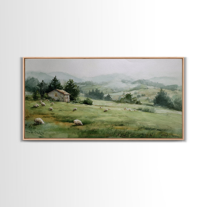 Watercolor Sheep in a Green Pasture Framed Canvas Print, Country Art, French Country, Farmhouse Decor, Fine Art, Country, COU-2x1-19