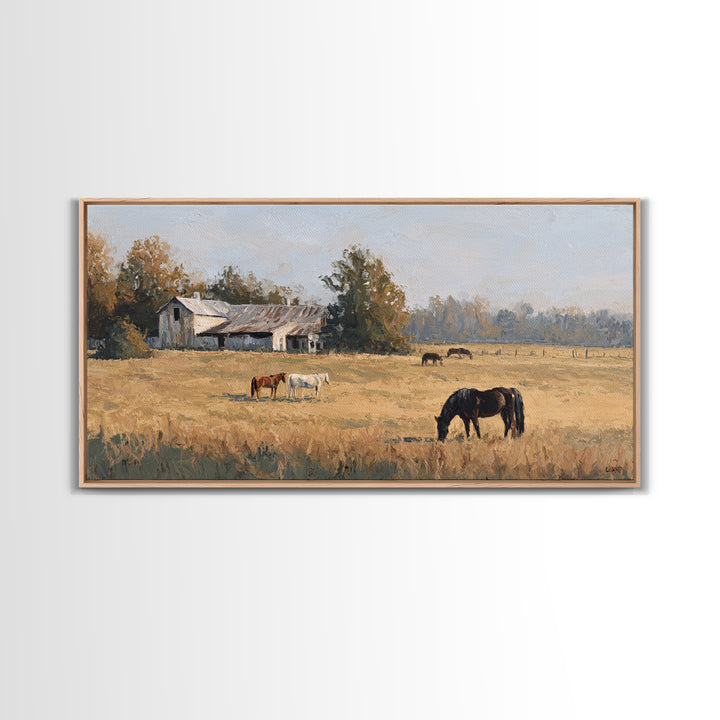 Rolling Pasture with Grazing Horses at Sunrise Canvas Print, Country Art, Wall Art, Farmhouse Decor, Oil Painting, Country, COU-2x1-21