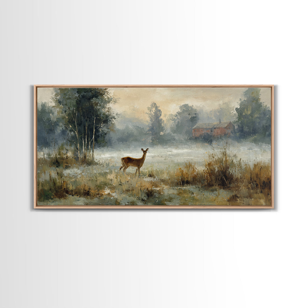 Deer Crossing a Misty Morning Field Canvas Print, Country Art, Original Painting, Farmhouse Decor, Fine Art, Country, COU-2x1-31