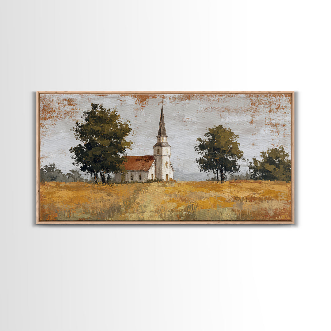 Country Church Steeple Beyond Trees Canvas Print, Country Art, Digital Prints, Farmhouse Decor, Oil Painting, Country, COU-2x1-39