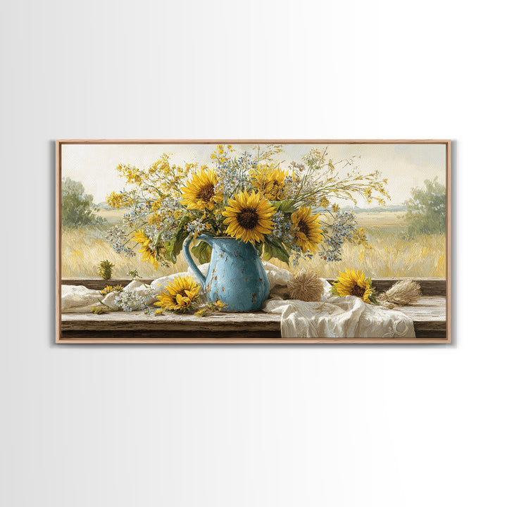 Sunflowers in a Blue Enamel Pitcher Canvas Print, Country Art, Boho Decor, Farmhouse Decor, Oil Painting, Country, Art Prints, COU-2x1-4