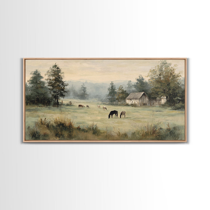 Rolling Pasture with Grazing Horses at Sunrise Framed Canvas Print, Country Art, Art Print, Farmhouse Decor, Fine Art, Country, COU-2x1-45