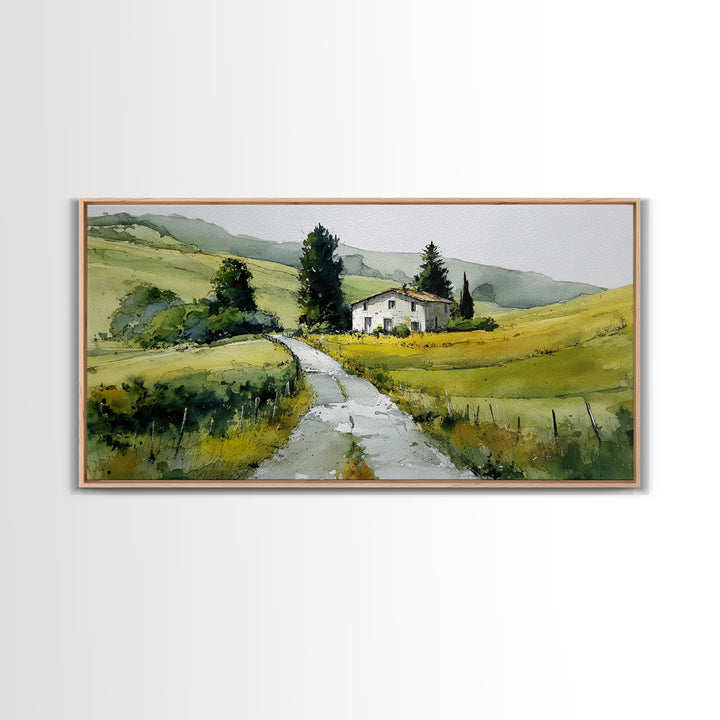 Country Road Disappearing into Green Hills Framed Canvas Print, Country Art, Farmhouse Decor, Watercolor Art, Country, COU-2x1-51