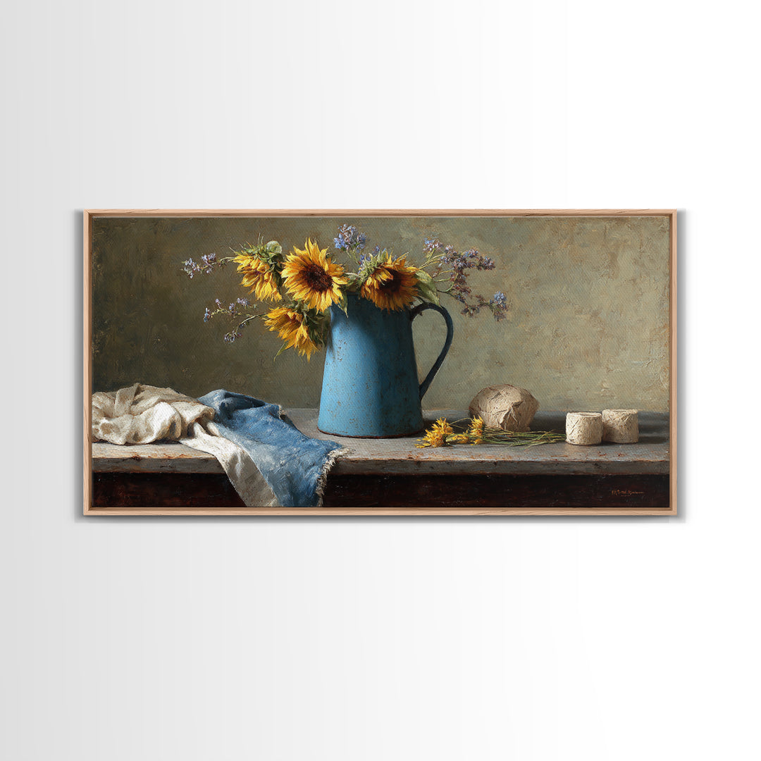 Sunflowers in a Blue Enamel Pitcher Canvas Print, Country Art, Digital Prints, Farmhouse Decor, Watercolor Art, Country, COU-2x1-52