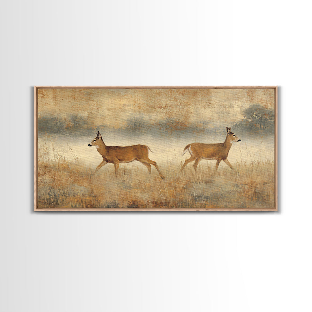 Deer Crossing a Misty Morning Field Framed Canvas Print, Country Art, Printable Art, Farmhouse Decor, Fine Art, Country, COU-2x1-55