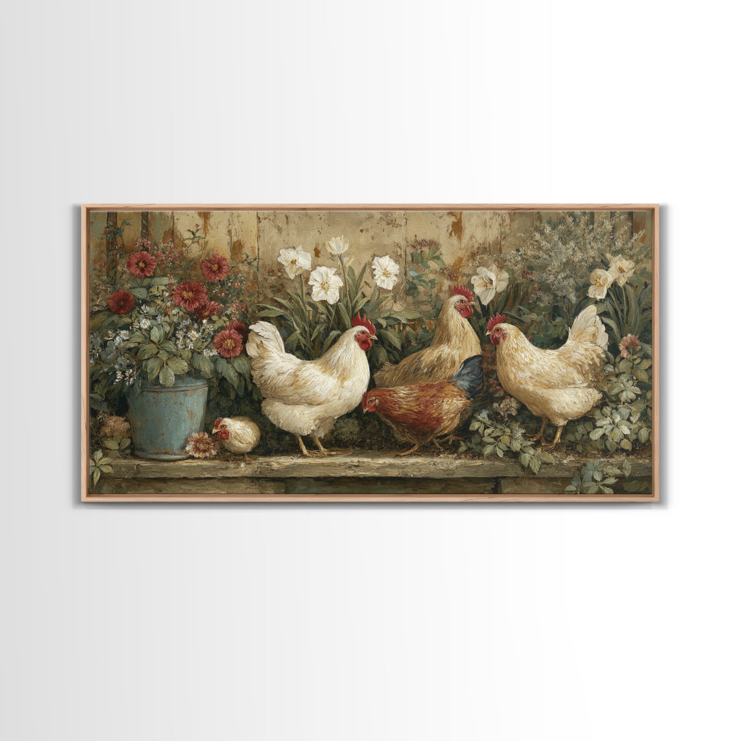 Chickens Pecking Near Garden Flowers Canvas Print, Country Art, Wall Art, Farmhouse Decor, Watercolor Art, Country, COU-2x1-58