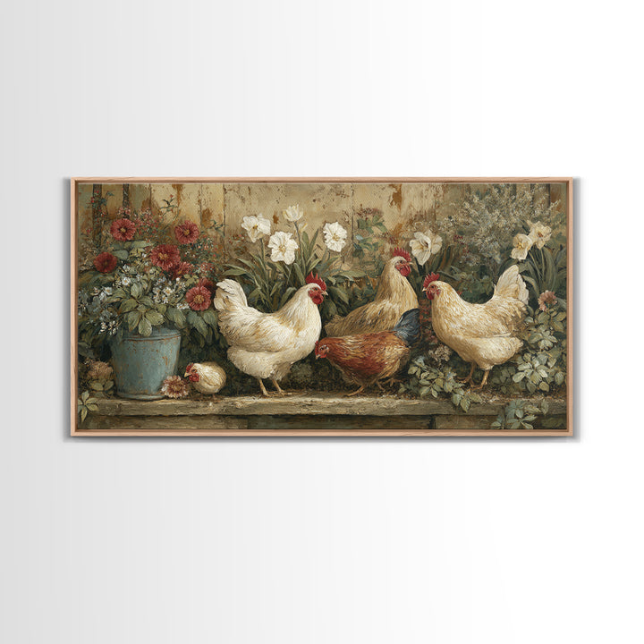 Chickens Pecking Near Garden Flowers Canvas Print, Country Art, Wall Art, Farmhouse Decor, Watercolor Art, Country, COU-2x1-58