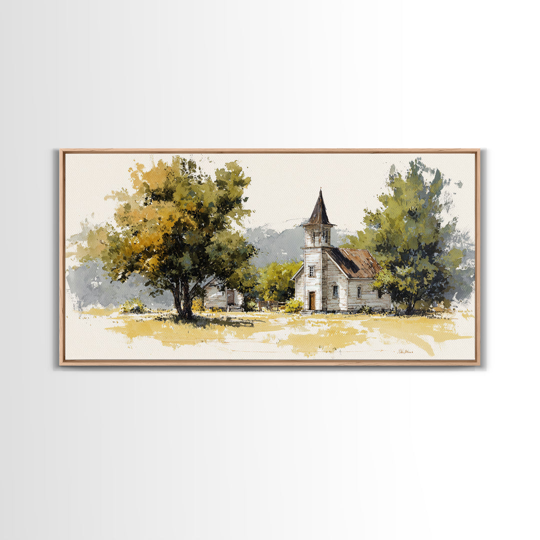 Country Church Steeple Beyond Trees Canvas Print, Country Art, Farmhouse Decor, Country, Gallery Wall Art, Landscape Wall Art, COU-2x1-63