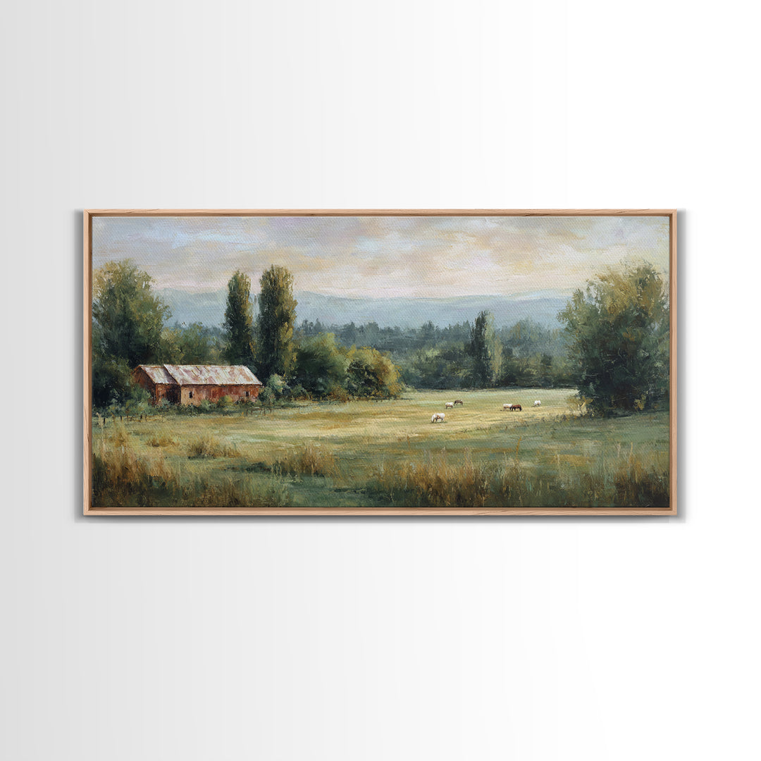 Rolling Pasture with Grazing Horses at Sunrise Canvas Print, Country Art, Large Wall Art, Farmhouse Decor, Fine Art, Country, COU-2x1-69