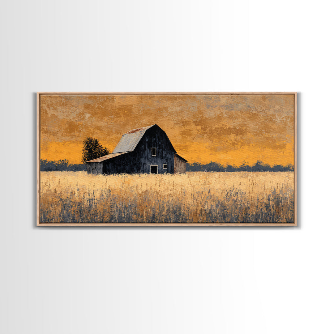 Rustic Barn Silhouette Canvas Print, Country Art, Landscape Painting, Farmhouse Decor, Abstract Art, Country, Statement Artwork, COU-2x1-71