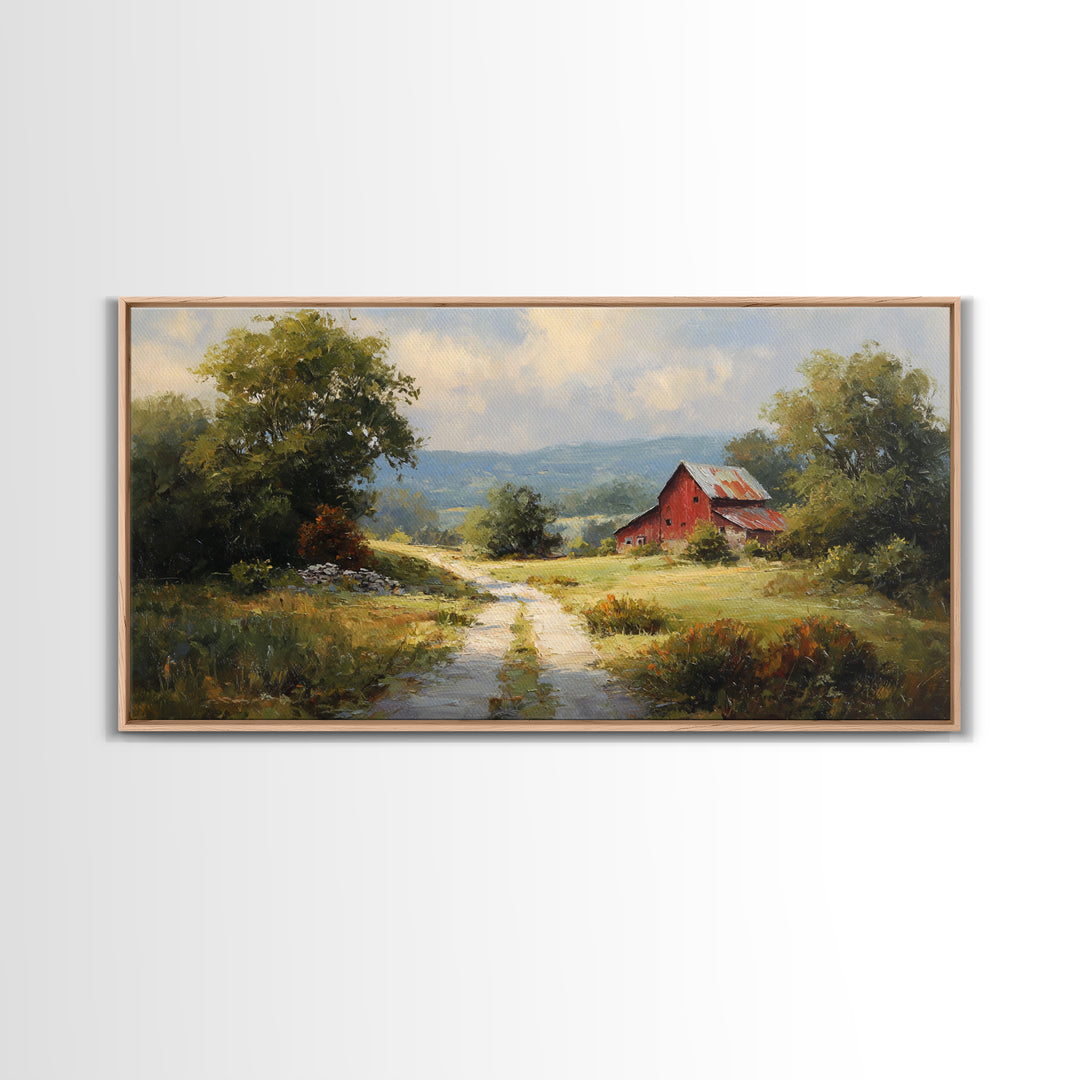 Country Road Disappearing into Green Hills Framed Canvas Print, Country Art, Statement Artwork, Farmhouse Decor, Country, COU-2x1-75