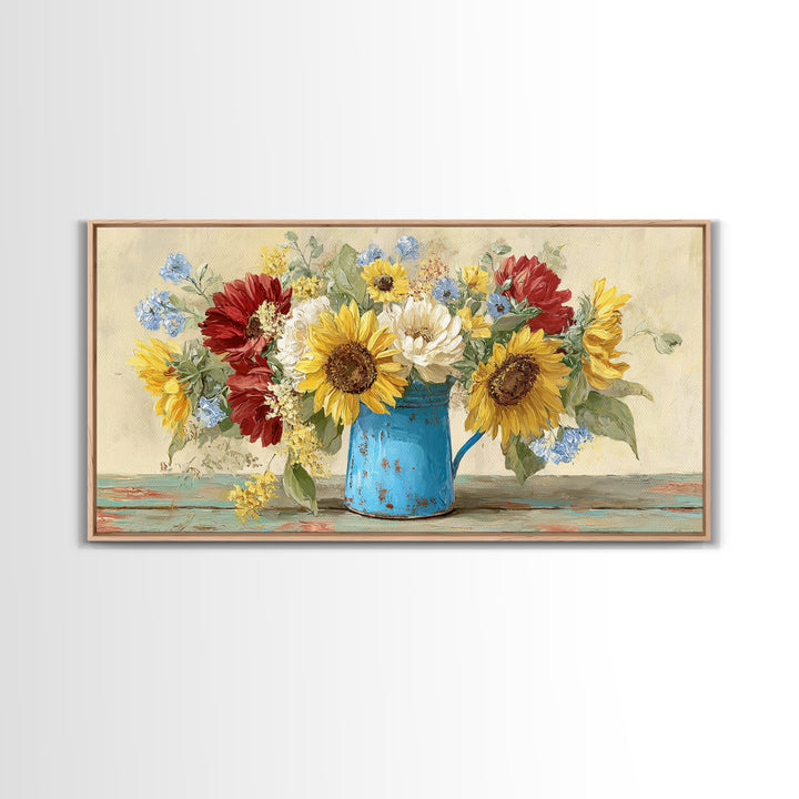Sunflowers in a Blue Enamel Pitcher Canvas Print, Country Art, Farmhouse Decor, Country, Gallery Wall Art, Landscape Wall Art, COU-2x1-76